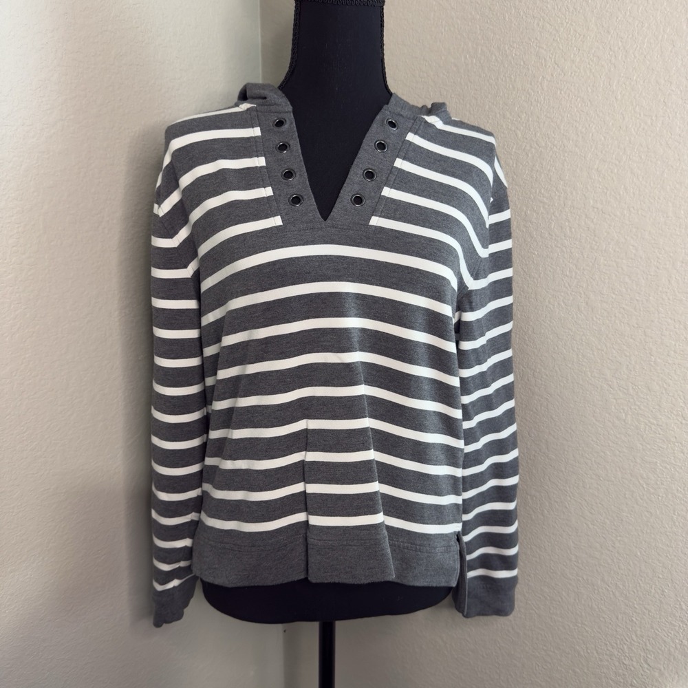 Women's Gray and White Striped Hooded Top Size Small Long Sleeve